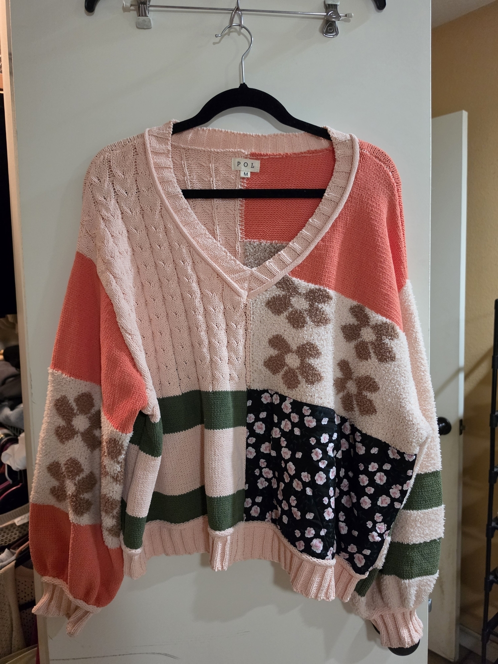 POL Patchwork V-Neck Sweater in Pink, Coral, Green, Black
